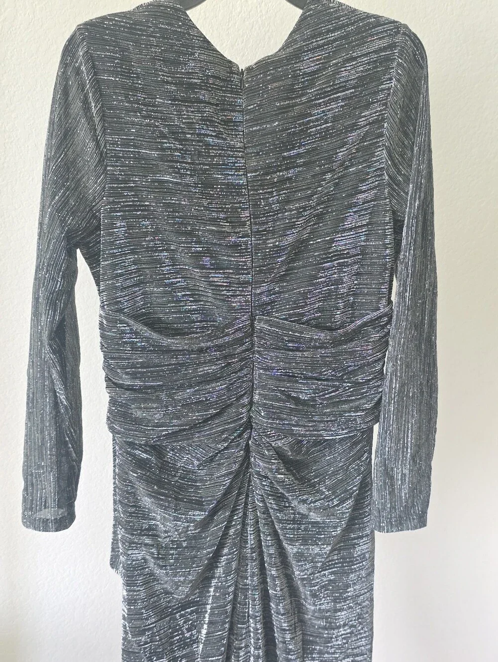 Betsy & Adam Metallic Silver Black Ruched Evening Gown Maxi Dress Size 16 $279